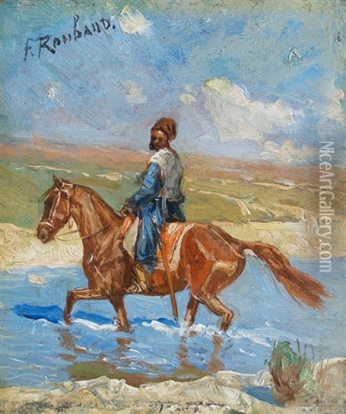 Tscherkesse Zu Pferd Den Fluss Kuban Durchquerend Oil Painting - Franz Roubaud
