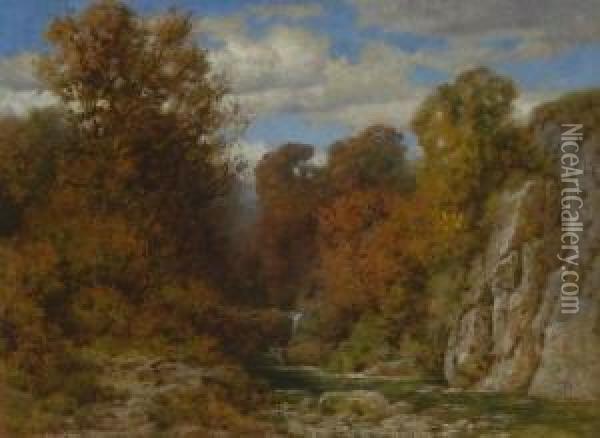 Bachlauf Im Herbstwald. Oil Painting - Hermann Traugott Rudisuhli