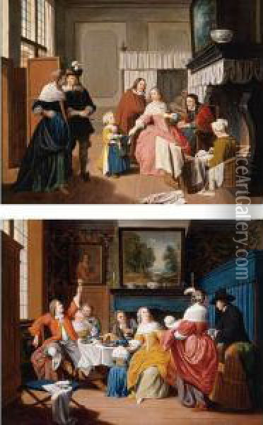 Interior Scene With Figures By A
 Hearth; Interior Scene With Figures Gathered Around A Table Oil Painting - Jan Josef, the Elder Horemans