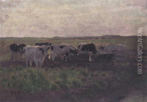 Niederlandische Landschaft Mit Kuhen Am Trog Oil Painting - Hermann Baisch