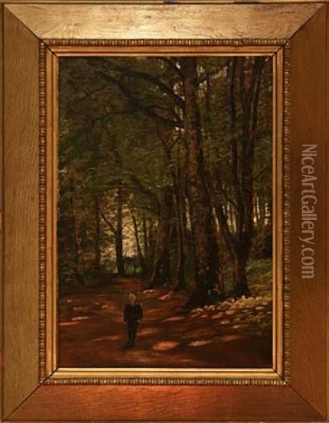 Forest Scene With A Boy Oil Painting - Justus Lundegard