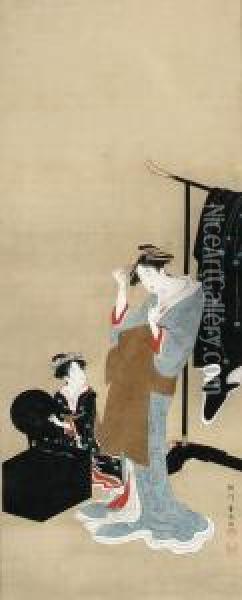 Courtesan At Her Toilette
Signed Utagawa Toyoharu Ga, Sealed Ichiryusai And Utagawa Oil Painting - Utagawa Toyohiro