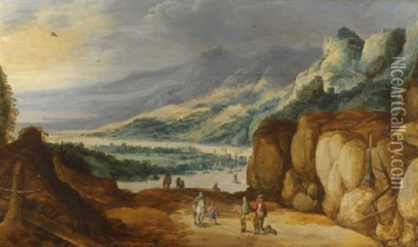 An Extensive Mountainous River Landscape With Horsemen Conversing On A Raised Plateau Oil Painting - Philips de Momper the Elder