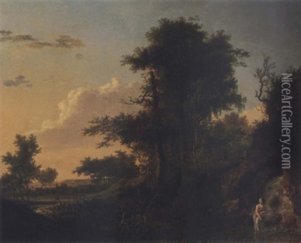 Extensive Landscape With A Woman Bathing Near A Waterfall And Figures Watching From Afar Oil Painting - Jean Francois Hue