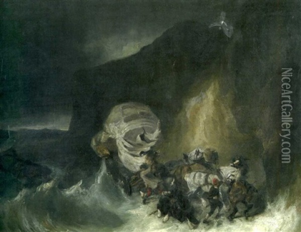 La Baleine Prise Par La Maree (collab. W/eugene Delacroix) Oil Painting - Louis-Gabriel-Eugene Isabey