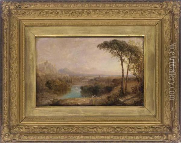 Figures In A Classical Landscape Oil Painting - Anthony Vandyke Copley Fielding