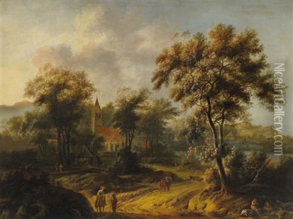 Waldlandschaft Mit Kirche Und Reitern Oil Painting - Jacob Van Der Croos