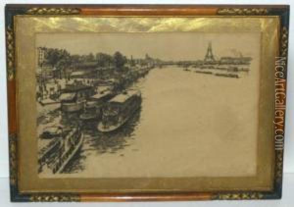 Sans Titre [la Seine A Paris] Oil Painting - Georges Ferdinand Bigot