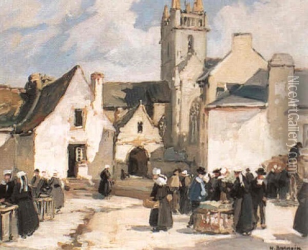 Sur La Place Du Village - Le Marche Oil Painting - Henri Alphonse Barnoin