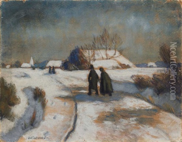 Winterlandschaft Mit Kirchgangern (+ 2 Pastel Sketches, Verso) Oil Painting - Otto Modersohn