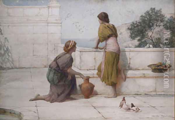 Young Girls On A Classical Terrace With A View Of The Sea Beyond Oil Painting - Henry Ryland