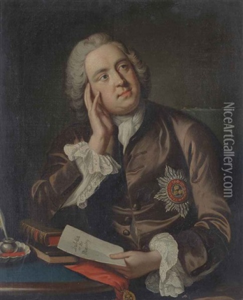 Portrait Of Sir Charles Hanbury Williams (1708-1759), Half-length, In A Brown Coat And White Shirt, With The Star Of The Order Of The Bath... Oil Painting - John Giles Eccardt