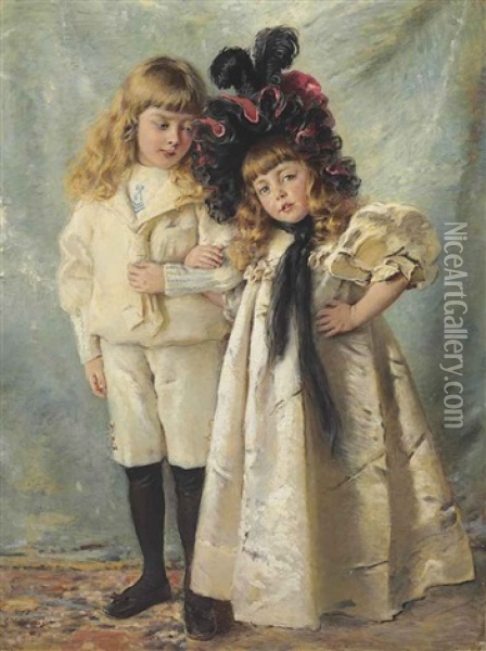 Portrait Of The Artist's Children: Konstantin And Olga Oil Painting - Konstantin Egorovich Makovsky