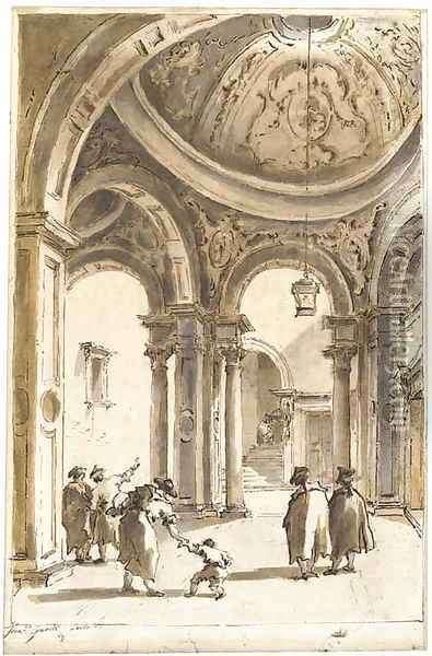 Figures in a loggia below an elaborately stuccoed cupola, a courtyard beyond Oil Painting - Francesco Guardi