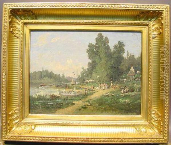 Village Folk By The River Oil Painting - Maurice Levis