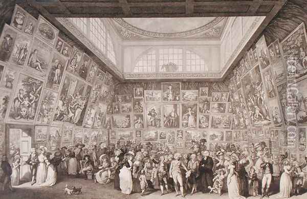 Interior view of Somerset House showing an exhibition of the Royal Academy of Arts in 1787, 1787 Oil Painting - Johann Heinrich Ramberg