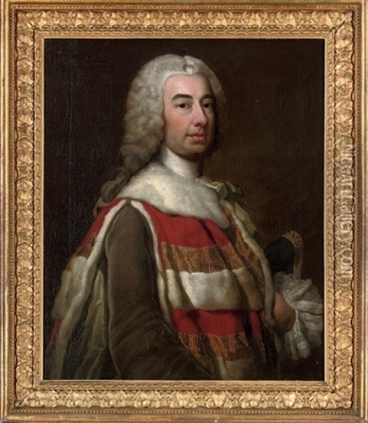 Portrait Of Robert Knight, Baron Luxborough In Irish Peer's Robes, A Tricorn Under His Left Arm Oil Painting - George Knapton