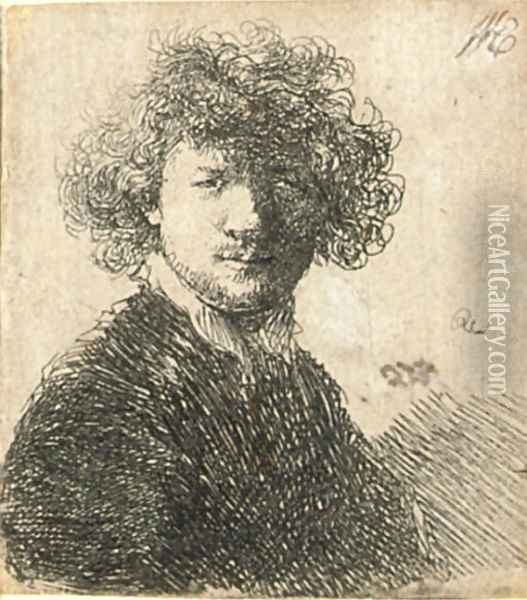 Self Portrait with curly Hair and white Collar Bust Oil Painting - Rembrandt Van Rijn