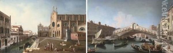 The Rialto, Venice; And Church Of The Frari Oil Painting - (Giovanni Antonio Canal) Canaletto