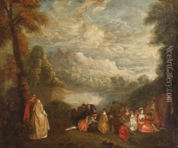 A Fte Champtre By A Lake Oil Painting - Watteau, Jean Antoine