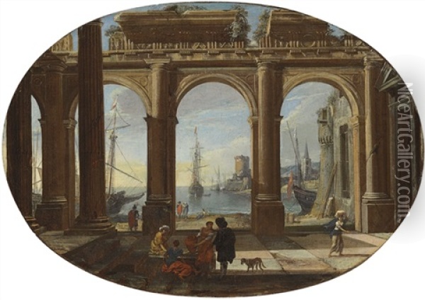 A Capriccio With Figures Beneath A Doric Colonnade, A Bay And The Torre Di San Vincenzo, Naples Beyond Oil Painting - Viviano Codazzi
