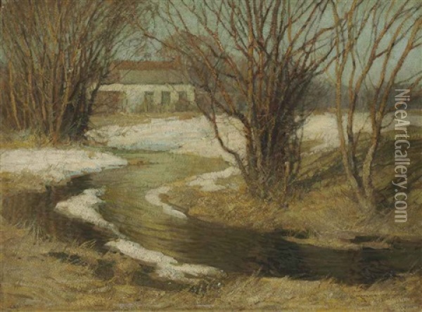 House By A Stream Oil Painting - Frederick J. Mulhaupt