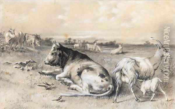 Cattle and goats in a landscape Oil Painting - Rosa Bonheur