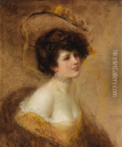 Three-quarter Length Portrait Of A Lady With Hat In A Yellow Dress Oil Painting - Eduard Veith