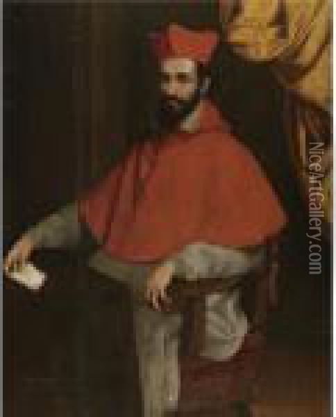 Portrait Of A Cardinal, Seated Behind A Desk, Holding A Note In His Right Hand Oil Painting - Scipione Pulzone