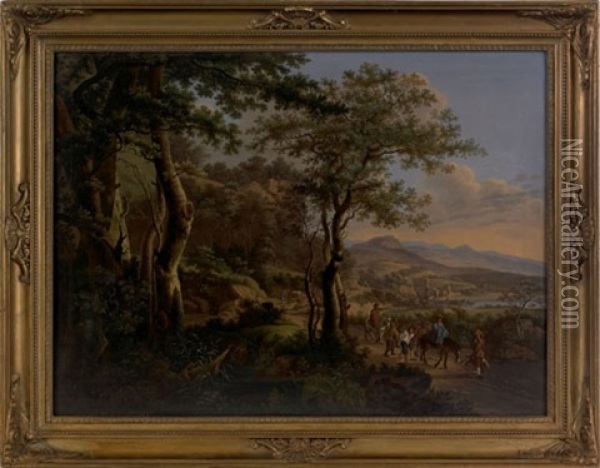 Landscape With Figures Walking Down A Mountainous Path Oil Painting - Jacob Van Ruisdael