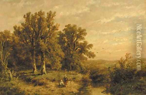 A wooded summer landscape with a peasant couple by a stream Oil Painting - Anthonie Jacobus van Wyngaerdt