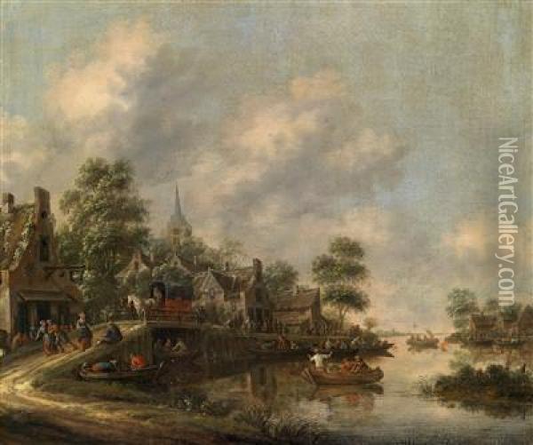 A River Landscape With A Village And A Ferry Boat Oil Painting - Thomas Heeremans