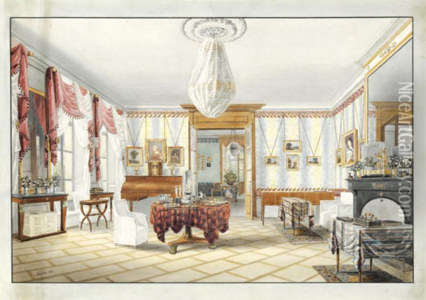 An Elegant Swiss Interior Oil Painting - Johann Gottlieb Lohrer