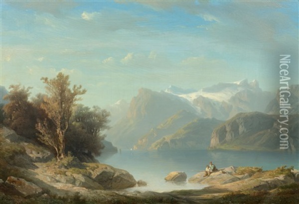 Lake Lucerne Near Brunnen With A View Of Seelisberg, The Rutli Meadow And The Engelberger Rotstock Oil Painting - Francois Diday