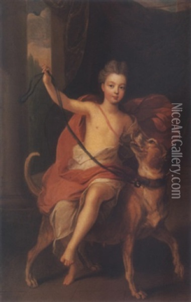 Portrait Of A Child (mlle. De Blois?) Riding A Mastif Oil Painting - Pierre Gobert