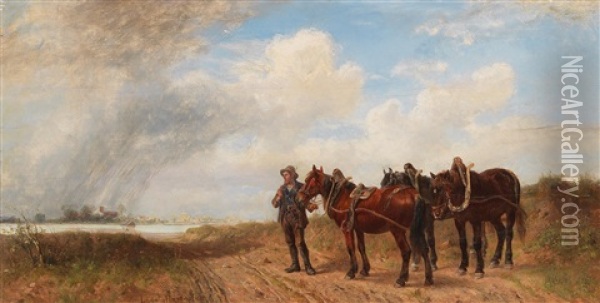 Towing Horses On The Riverbank Oil Painting - Ludwig Hartmann