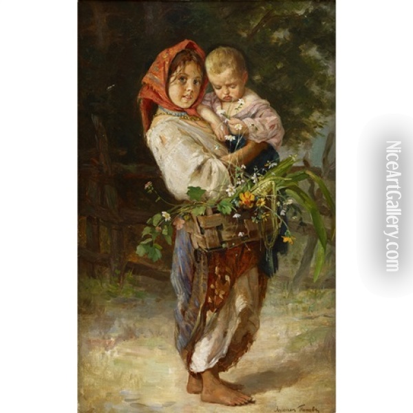 Peasant Girl With Child And Basket Oil Painting - Lukian Vasilievich Popov