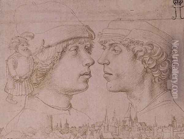 Portraits of Two Youths a Dwarf and a Townscape Oil Painting - Hans Holbein the Younger