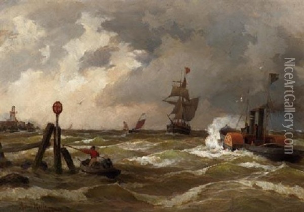 Schiffe In Rauher See An Der Kuste Vor Bremerhaven Oil Painting - Albert Halle