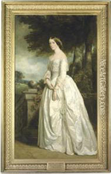 Portrait Of Louisa Madeleine 
Keith-falconer, Nee Hawkins(1828-1916), Countess Of Kintore, 
Full-length, In A Whitedress Oil Painting - Sir Francis Grant