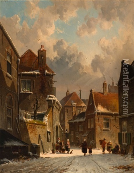 Figures In The Snow-covered Village Street On A Sunny Day Oil Painting - Adrianus Eversen