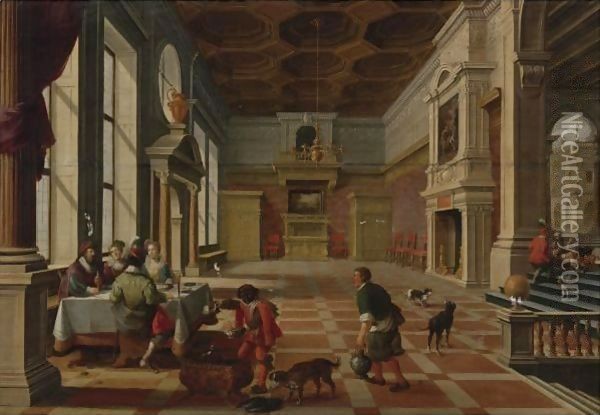 Interior Of A Palace With Elegant Figures Dining (Parable Of Lazarus And The Rich Man) Oil Painting - Bartholomeus Van Bassen