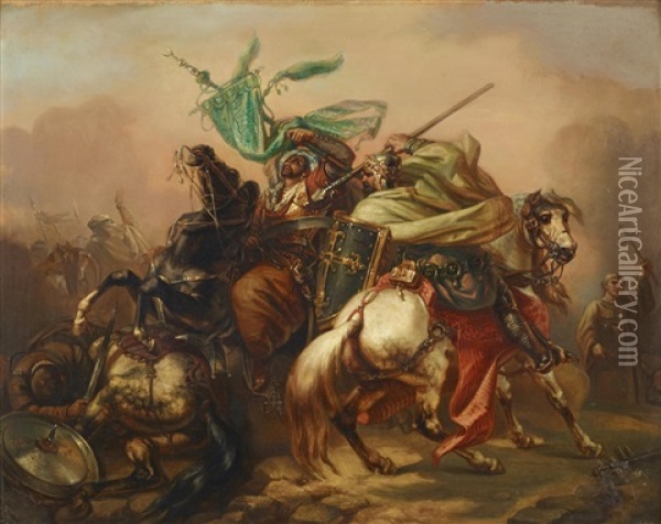 Battle Scene With Warriors And Horses Oil Painting - Theodore Schaepkens