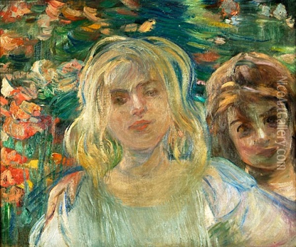 Zwei Madchen (preliminary Study For Blumenbekranzte Madchen) Oil Painting - Dora Hitz