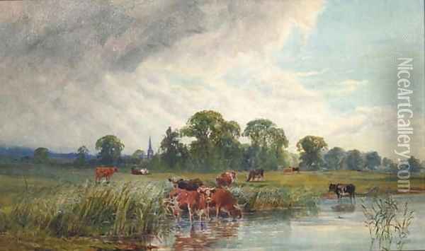 Cattle watering beside a River with a view of a Church Spire beyond Oil Painting - John MacPherson