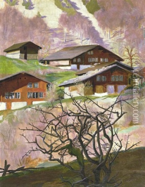 Chalets Dans Un Paysage A L'arbuste Gris (chalets In A Landscape With A Grey Tree) Oil Painting - Ludwig Werlen