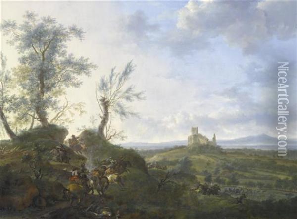 Large Landscape With A Cavalry Combat Andtown Ruins In Background. Oil Painting - Frederick De Moucheron