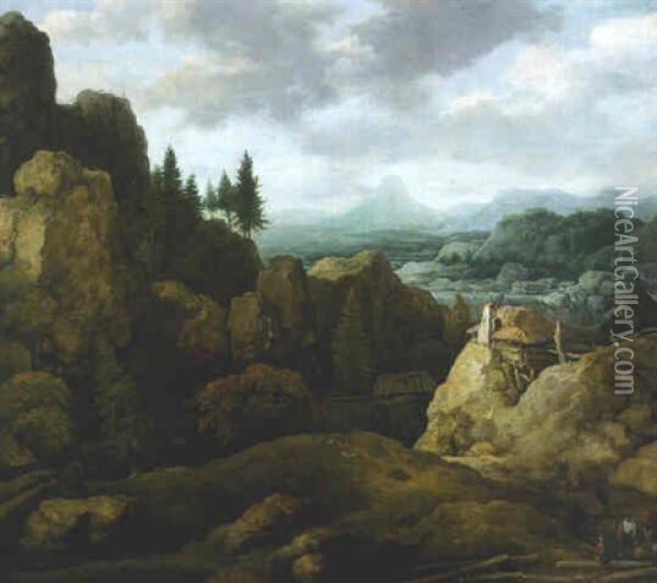 A Scandinavian Landscape With Woodcutters Resting Below A Cabin Oil Painting - Allaert van Everdingen