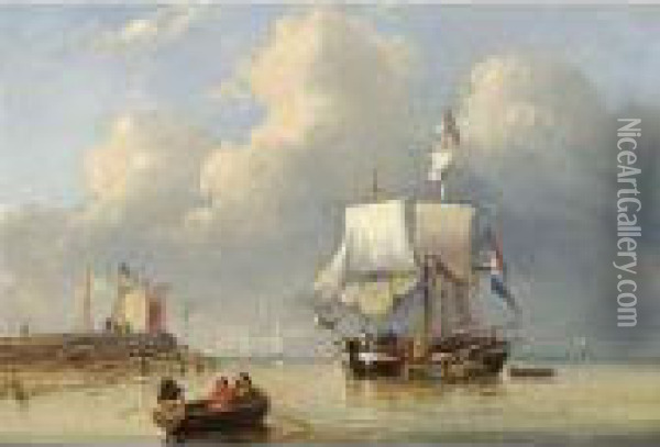Shipping In An Estuary Oil Painting - George Willem Opdenhoff