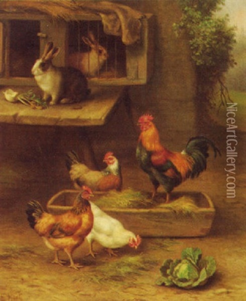 Tieridyll Mit Kaninchen Und Huhnern Oil Painting - Edmund Aubrey Hunt